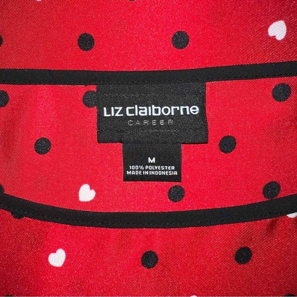 NWT Liz Claiborne Career Blouse Womens M Red Polka Dot Heart Boat Neck Tie Cuff - Picture 2 of 8